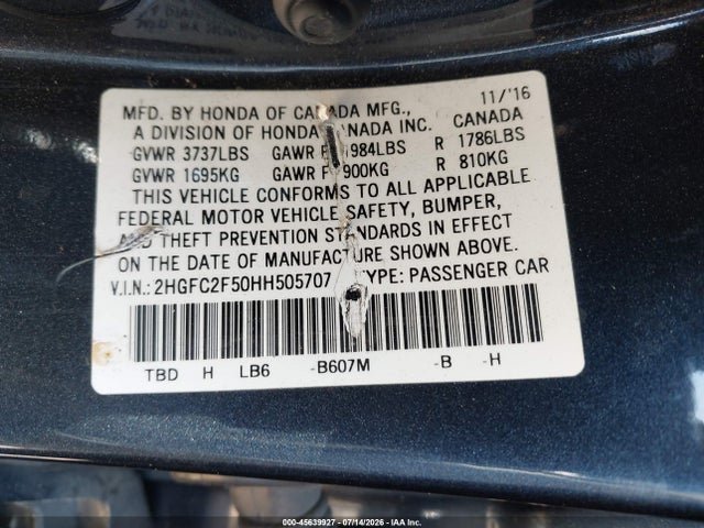 Honda Civic Lx 2017 2HGFC2F50HH505707 Image 9