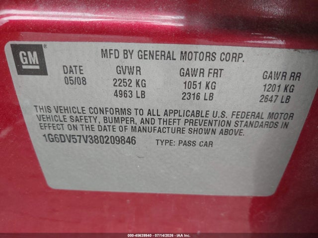 45639940 :رقم المزاد ، 1G6DV57V380209846 vin ، 2008 Cadillac Cts Rwd W/1sb مزاد بيع