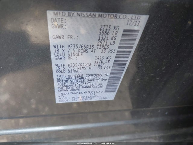 Продаж на аукціоні авто 2014 Nissan Pathfinder Sv, vin: 5N1AR2MM5EC652827, номер лоту: 45639943