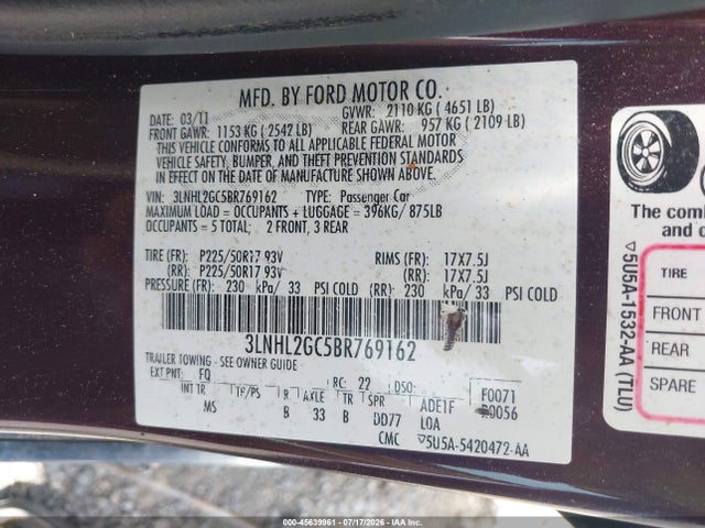 Продаж на аукціоні авто 2011 Lincoln Mkz, vin: 3LNHL2GC5BR769162, номер лоту: 45639961
