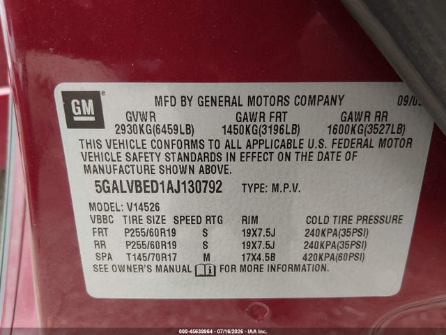 45639964 :رقم المزاد ، 5GALVBED1AJ130792 vin ، 2010 Buick Enclave 1xl مزاد بيع