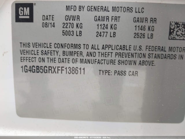 45639978 :رقم المزاد ، 1G4GB5GRXFF138611 vin ، 2015 Buick Lacrosse Leather مزاد بيع