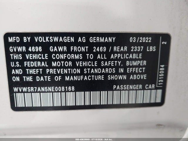 2022 Volkswagen Arteon 2.0t Se R-line მანქანა იყიდება აუქციონზე, vin: WVWSR7AN5NE008168, აუქციონის ნომერი: 45639989