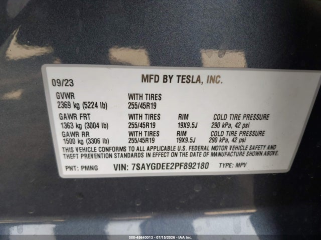 2023 Tesla Model Y Awd/long Range Dual Motor All-wheel Drive მანქანა იყიდება აუქციონზე, vin: 7SAYGDEE2PF892180, აუქციონის ნომერი: 45640013