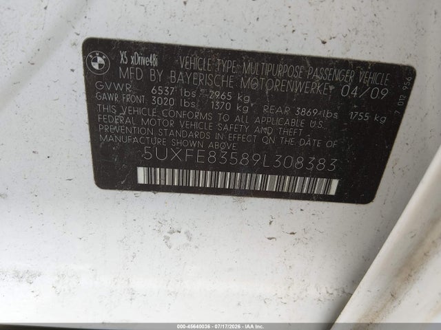 2009 Bmw X5 Xdrive48i მანქანა იყიდება აუქციონზე, vin: 5UXFE83589L308383, აუქციონის ნომერი: 45640036