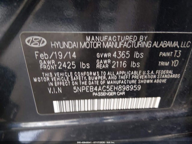 Aukcja sprzedaży 2014 Hyundai Sonata Gls, vin: 5NPEB4AC5EH898959, numer aukcji: 45640041