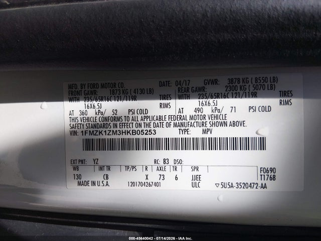 1FMZK1ZM3HKB05253 Ford Transit-150 Xl