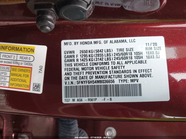 45640051 :رقم المزاد ، 5FNYF6H54MB036656 vin ، 2021 Honda Pilot Awd Ex-l مزاد بيع