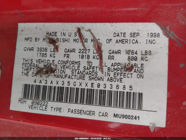 45640053 :رقم المزاد ، 4A3AX35GXXE033685 vin ، 1999 Mitsubishi Eclipse Spyder Gs مزاد بيع