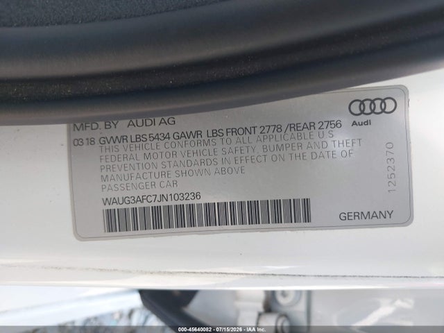 45640082 :رقم المزاد ، WAUG3AFC7JN103236 vin ، 2018 Audi A6 3.0t Premium Plus مزاد بيع