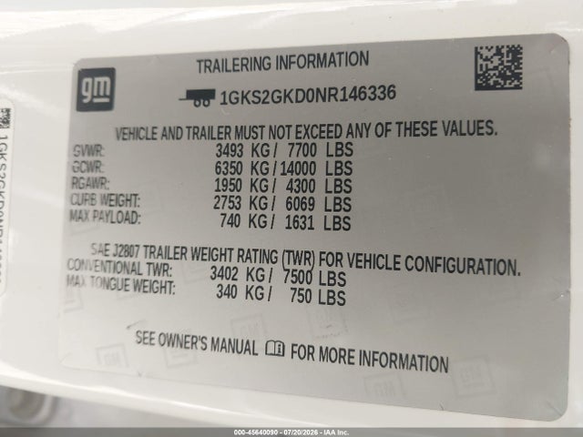 Продажа на аукционе авто 2022 Gmc Yukon Xl 4wd Slt, vin: 1GKS2GKD0NR146336, номер лота: 45640090