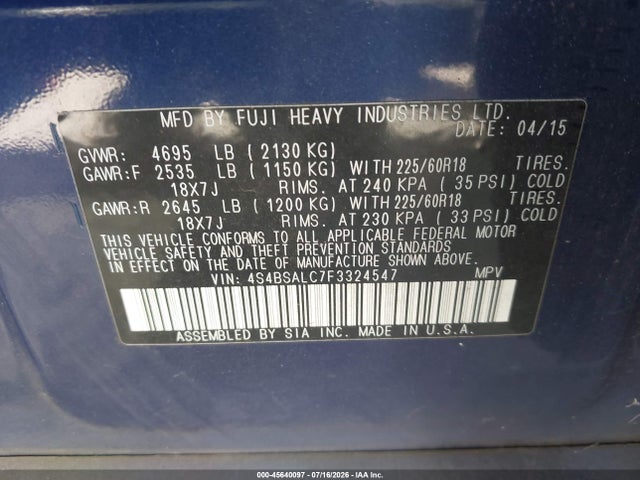 Subaru Outback 2.5i Limited 2015 4S4BSALC7F3324547 Image 9