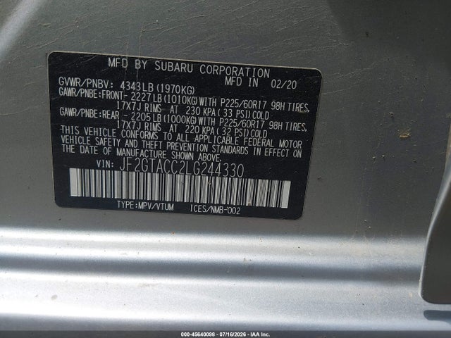 Продажа на аукционе авто 2020 Subaru Crosstrek Premium, vin: JF2GTACC2LG244330, номер лота: 45640098