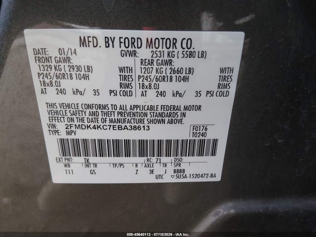 2014 Ford Edge Limited მანქანა იყიდება აუქციონზე, vin: 2FMDK4KC7EBA38613, აუქციონის ნომერი: 45640112