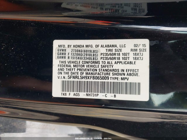 Aukcja sprzedaży 2015 Honda Odyssey Touring/touring Elite, vin: 5FNRL5H9XFB065009, numer aukcji: 45640114