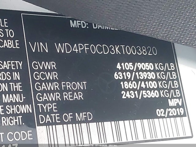 WD4PF0CD3KT003820 Mercedes-Benz Sprinter 2500 High Roof V6