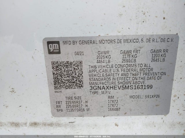 Aukcja sprzedaży 2021 Chevrolet Equinox Fwd Ls, vin: 3GNAXHEV5MS163199, numer aukcji: 45640122