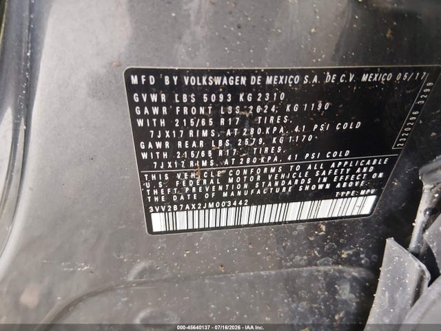 2018 Volkswagen Tiguan 2.0t Se/2.0t Sel მანქანა იყიდება აუქციონზე, vin: 3VV2B7AX2JM003442, აუქციონის ნომერი: 45640137