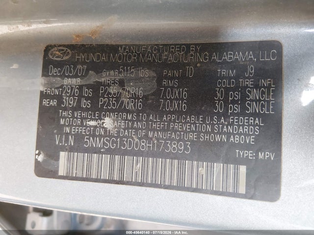 Продаж на аукціоні авто 2008 Hyundai Santa Fe Gls, vin: 5NMSG13D08H173893, номер лоту: 45640140