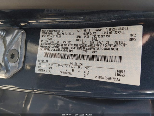Продаж на аукціоні авто 2018 Ford Escape Se, vin: 1FMCU9GD8JUB83698, номер лоту: 45640147