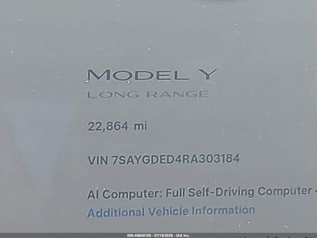 2024 Tesla Model Y Long Range Single Motor Rear-wheel Drive/rwd მანქანა იყიდება აუქციონზე, vin: 7SAYGDED4RA303184, აუქციონის ნომერი: 45640150