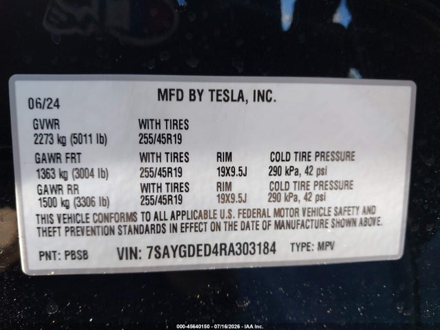 2024 Tesla Model Y Long Range Single Motor Rear-wheel Drive/rwd მანქანა იყიდება აუქციონზე, vin: 7SAYGDED4RA303184, აუქციონის ნომერი: 45640150