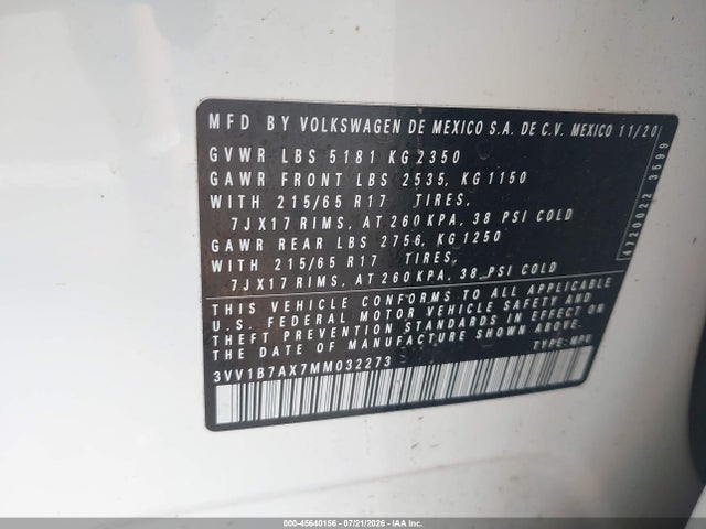 2021 Volkswagen Tiguan 2.0t S მანქანა იყიდება აუქციონზე, vin: 3VV1B7AX7MM032273, აუქციონის ნომერი: 45640156