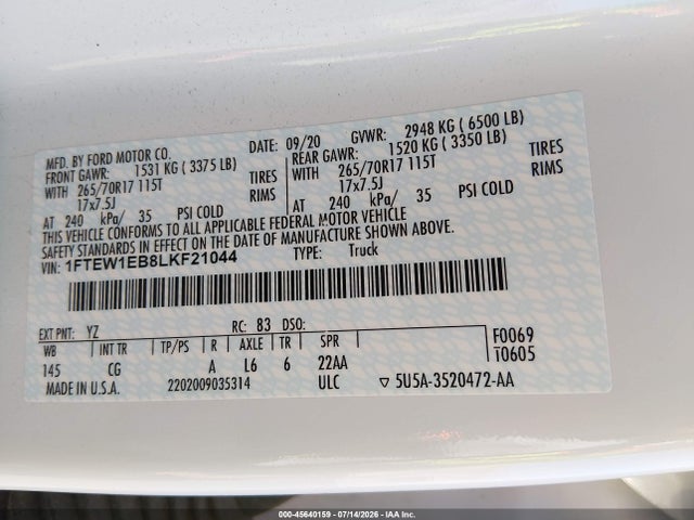 Aukcja sprzedaży 2020 Ford F-150 Xl, vin: 1FTEW1EB8LKF21044, numer aukcji: 45640159