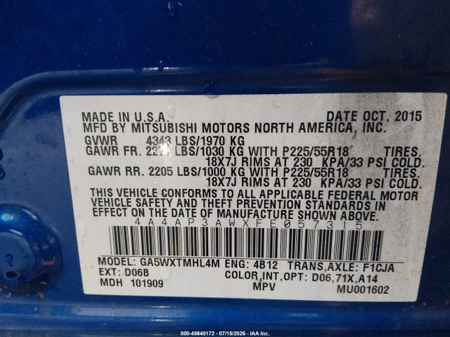 Продажа на аукционе авто 2015 Mitsubishi Outlander Sport Es, vin: 4A4AP3AWXFE057315, номер лота: 45640172
