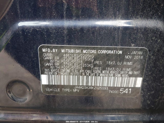 45640175 :رقم المزاد ، JA4AD3A38KZ025093 vin ، 2019 Mitsubishi Outlander Le مزاد بيع