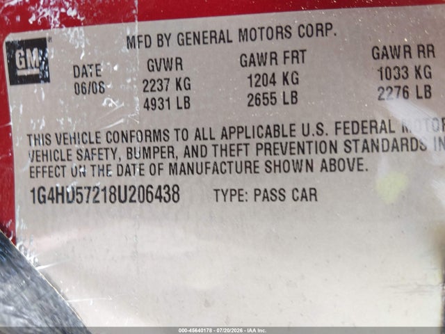 2008 Buick Lucerne Cxl მანქანა იყიდება აუქციონზე, vin: 1G4HD57218U206438, აუქციონის ნომერი: 45640178