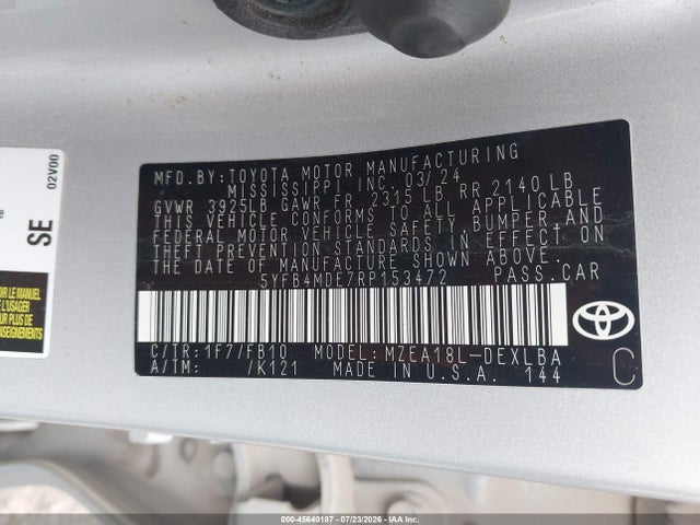 Aukcja sprzedaży 2024 Toyota Corolla Le, vin: 5YFB4MDE7RP153472, numer aukcji: 45640187