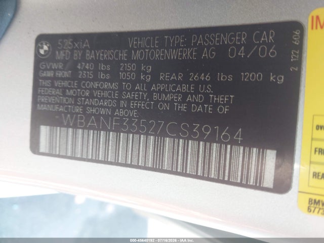Aukcja sprzedaży 2007 Bmw 525xi, vin: WBANF33527CS39164, numer aukcji: 45640192