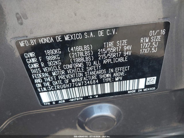 3CZRU6H77GM734684 Honda Hr-v Ex-l