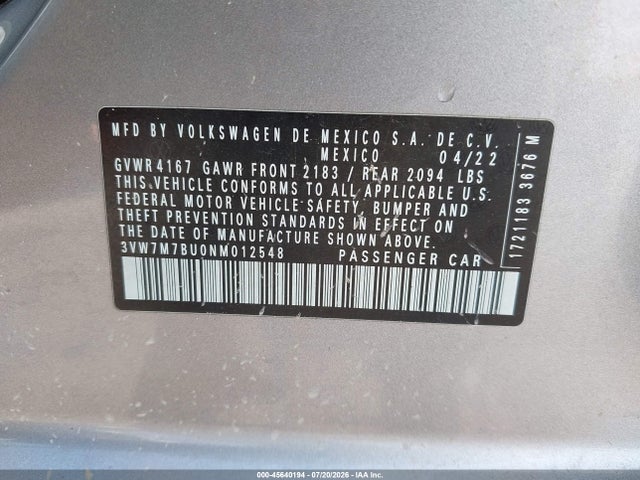 Продаж на аукціоні авто 2022 Volkswagen Jetta 1.5t Se, vin: 3VW7M7BU0NM012548, номер лоту: 45640194