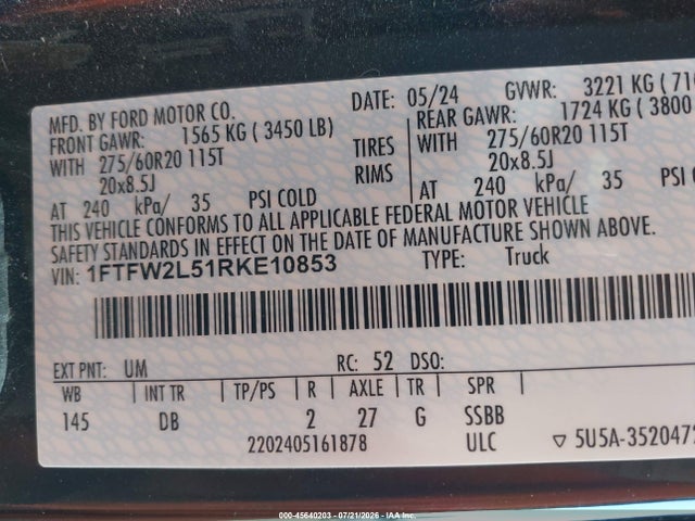 45640203 :رقم المزاد ، 1FTFW2L51RKE10853 vin ، 2024 Ford F-150 Stx مزاد بيع