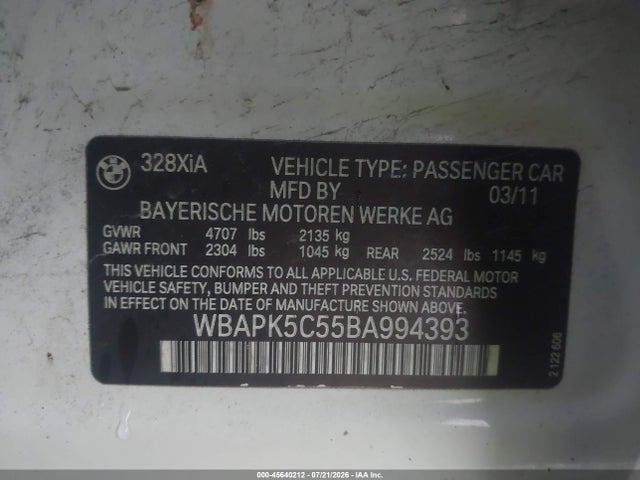 Aukcja sprzedaży 2011 Bmw 328i Xdrive, vin: WBAPK5C55BA994393, numer aukcji: 45640212