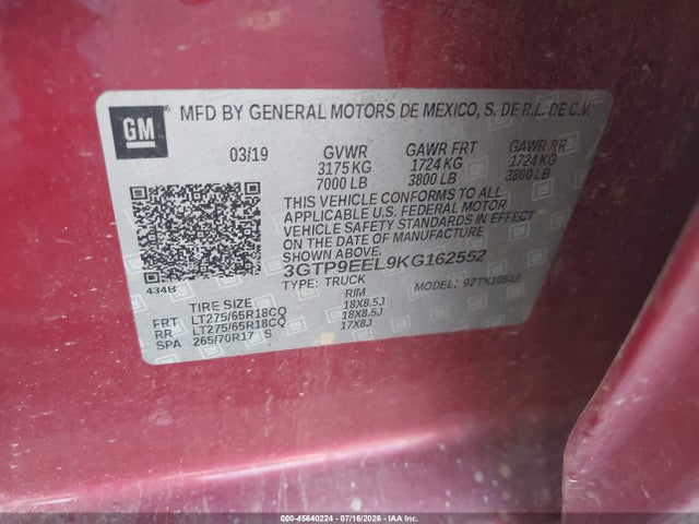 Aukcja sprzedaży 2019 Gmc Sierra 1500 At4, vin: 3GTP9EEL9KG162552, numer aukcji: 45640224