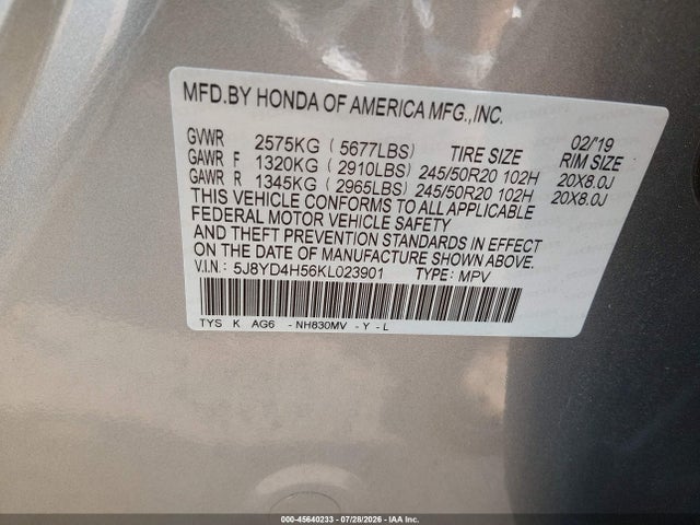 2019 Acura Mdx Tech Pkg მანქანა იყიდება აუქციონზე, vin: 5J8YD4H56KL023901, აუქციონის ნომერი: 45640233