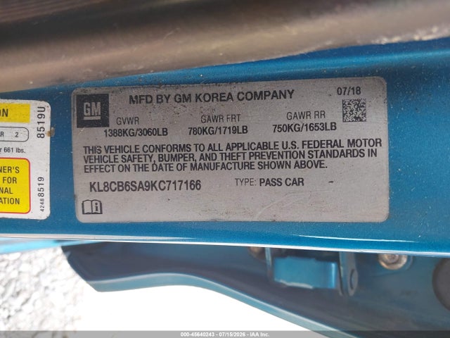 Продаж на аукціоні авто 2019 Chevrolet Spark Ls Cvt, vin: KL8CB6SA9KC717166, номер лоту: 45640243