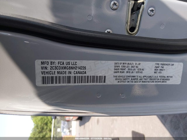 2022 Dodge Charger Gt Awd მანქანა იყიდება აუქციონზე, vin: 2C3CDXMG8NH214226, აუქციონის ნომერი: 45640256