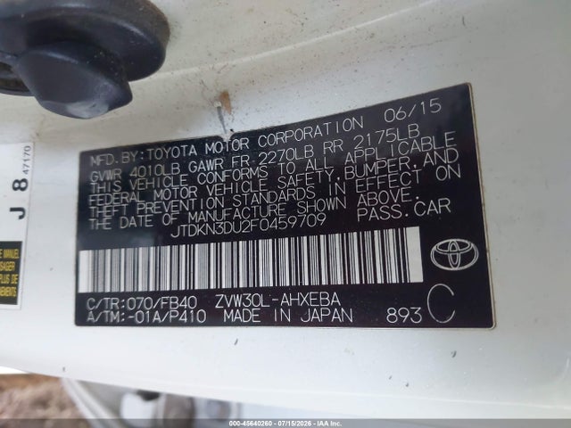 Toyota Prius Two 2015 JTDKN3DU2F0459709 Image 9