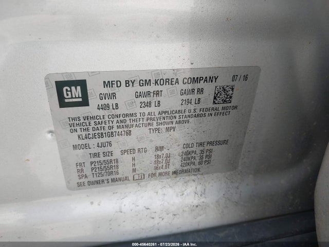 Aukcja sprzedaży 2016 Buick Encore, vin: KL4CJESB1GB744768, numer aukcji: 45640261