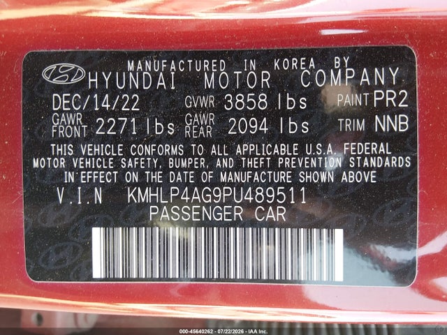 Aukcja sprzedaży 2023 Hyundai Elantra Limited, vin: KMHLP4AG9PU489511, numer aukcji: 45640262