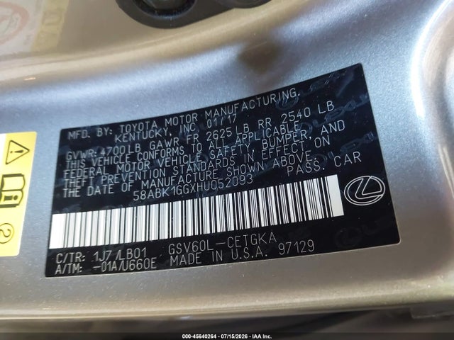 Продаж на аукціоні авто 2017 Lexus Es 350, vin: 58ABK1GGXHU052093, номер лоту: 45640264