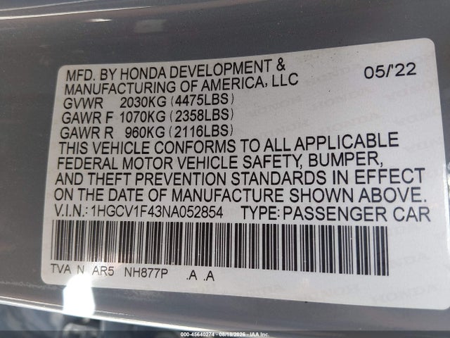 Продаж на аукціоні авто 2022 Honda Accord Sport Special Edition, vin: 1HGCV1F43NA052854, номер лоту: 45640274