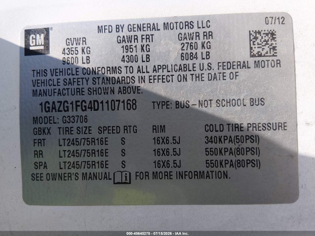 45640278 :رقم المزاد ، 1GAZG1FG4D1107168 vin ، 2013 Chevrolet Express 3500 Lt مزاد بيع