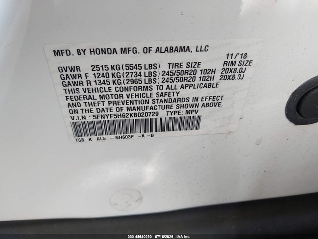 Honda Pilot Touring 2019 5FNYF5H62KB020729 Image 9