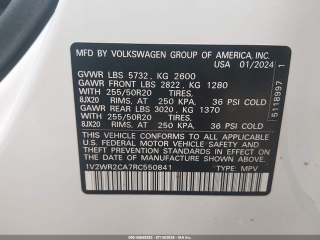 Продажа на аукционе авто 2024 Volkswagen Atlas 2.0t Se W/technology, vin: 1V2WR2CA7RC550841, номер лота: 45640292