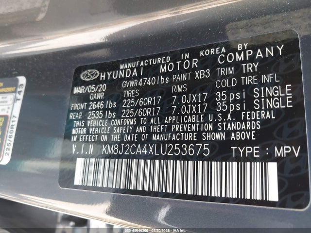 Продажа на аукционе авто 2020 Hyundai Tucson Se, vin: KM8J2CA4XLU253675, номер лота: 45640300